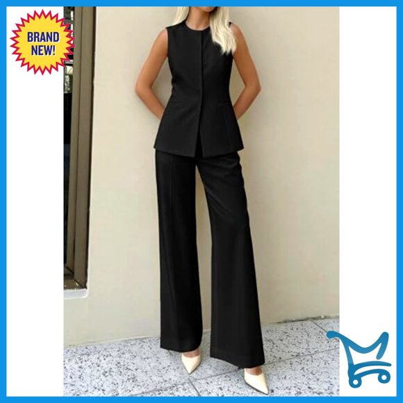 Sleeveless Vest & Wide Leg Pantsuit Set for Business Casual Work Wear - Picture 3 of 7